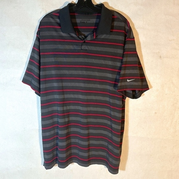 NIKE Tiger Woods Pro Golfing Pink Black Stripe Button Up Polo Golf Tee Top - Picture 1 of 6